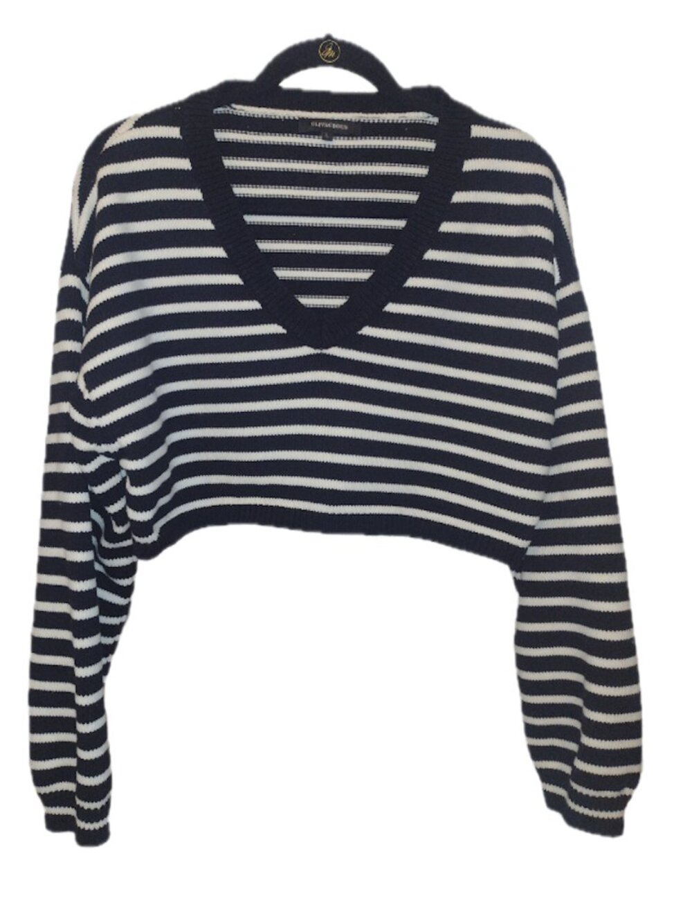 Olivaceous Black and White Stripe V-Neck Cropped Sweater Size L
